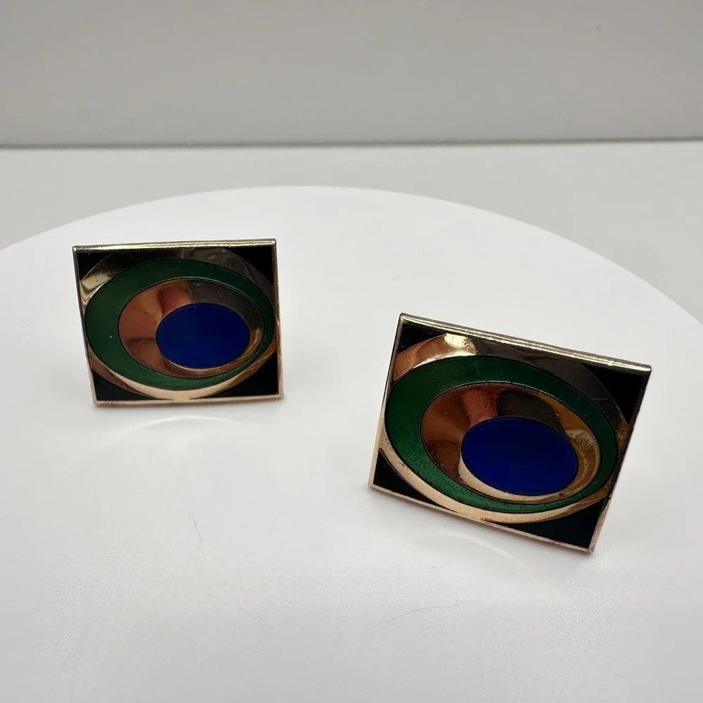 Vintage 80s Gold Tone Cufflinks Blue Green‎ Enamel Peacock Eye Abstract Jewelry